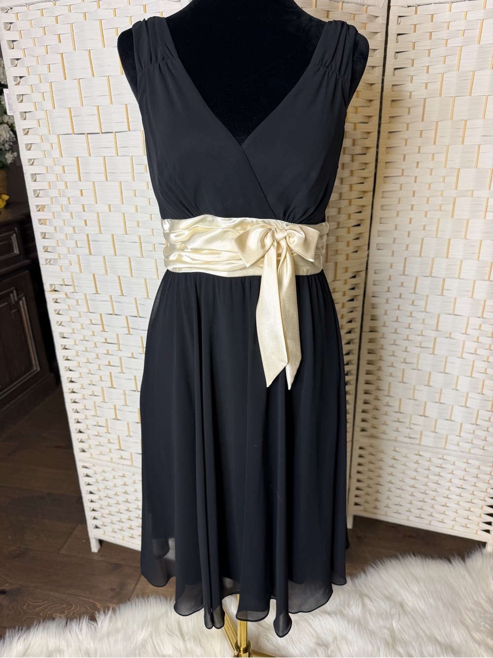 Vintage Liz Claiborne Black Midi Dress with cream Sash